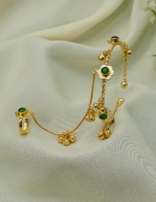 Gold plated adjustable bangle with ring, pearl accent hand chain