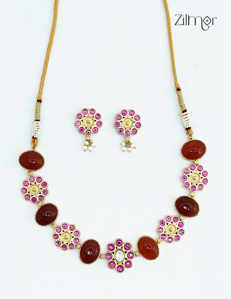 Natural Gem Stone Choker Necklace & Earrings Set - KS1012442