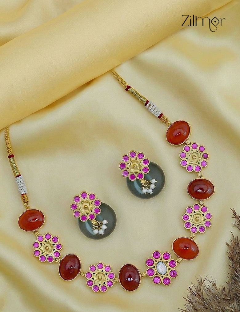 Natural Gem Stone Choker Necklace & Earrings Set - KS1012442