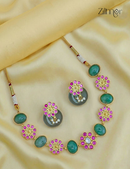 Natural Gem Stone Choker Necklace & Earrings Set - KS1012442