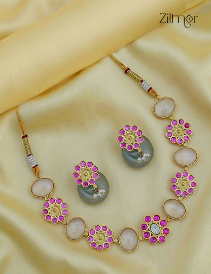 Natural Gem Stone Choker Necklace & Earrings Set - KS1012442