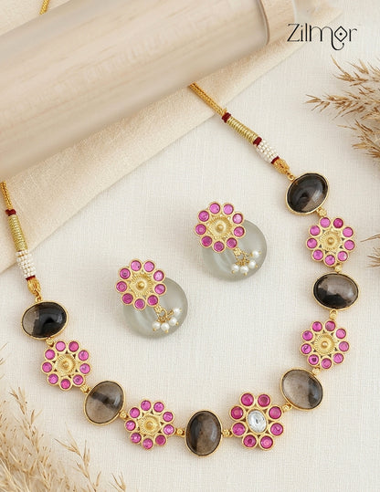 Natural Gem Stone Choker Necklace & Earrings Set - KS1012442