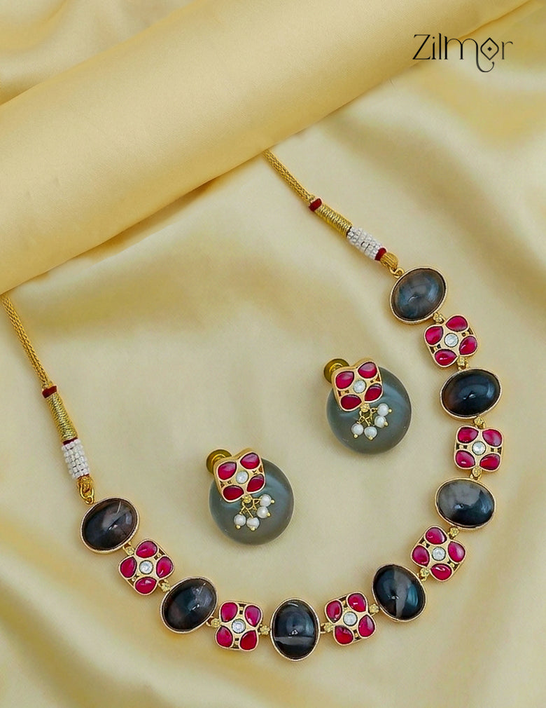 Natural Gem Stone Choker Necklace Earrings Set - KS1012443
