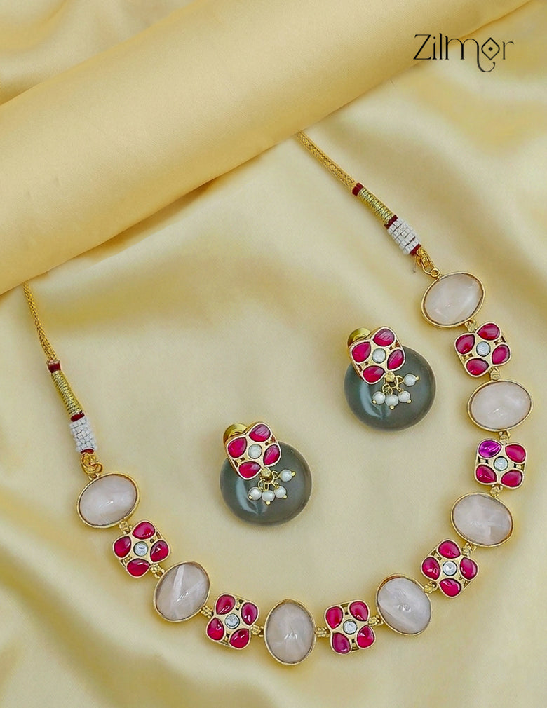 Natural Gem Stone Choker Necklace Earrings Set - KS1012443