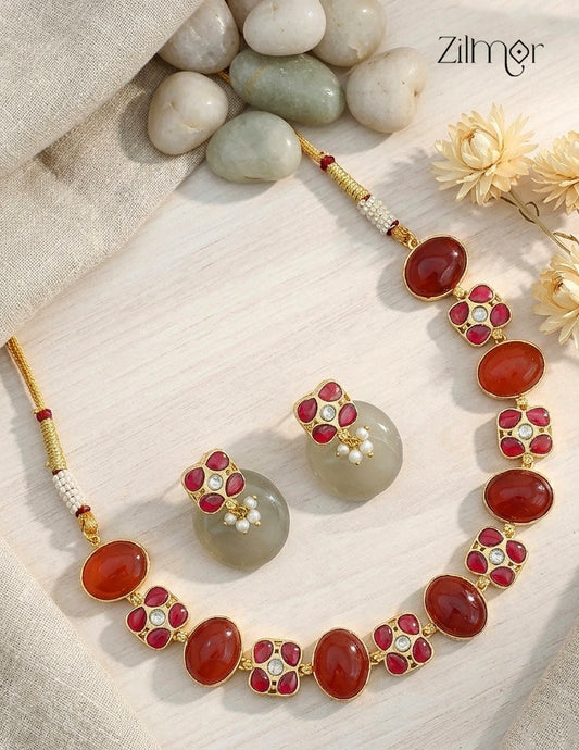 Natural Gem Stone Choker Necklace Earrings Set - KS1012443