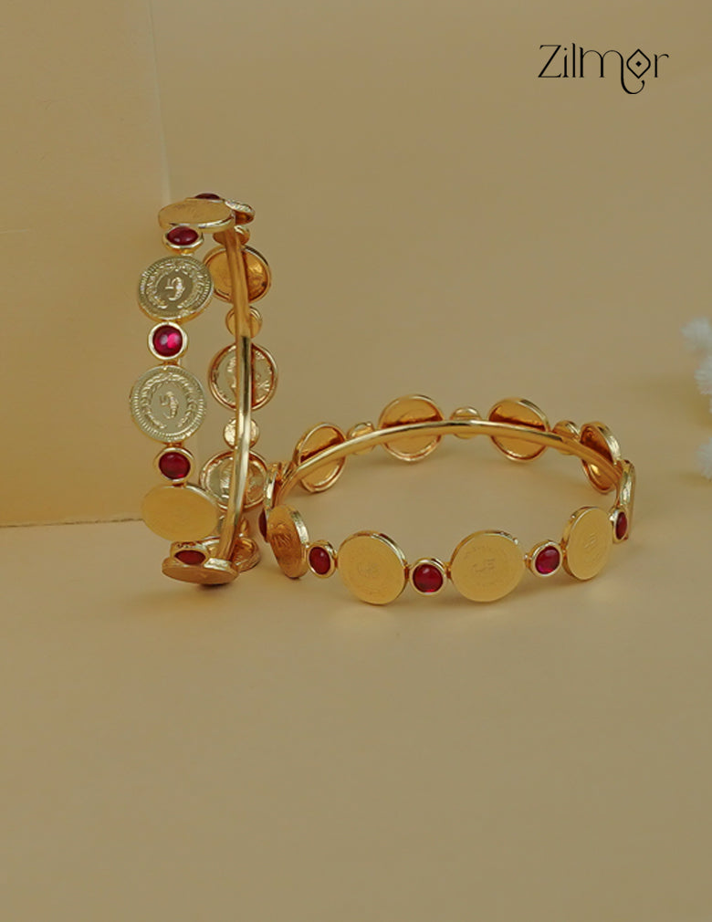 18k Gold Plated  Coin Ruby Stone Bangle Pair - ZS1012359