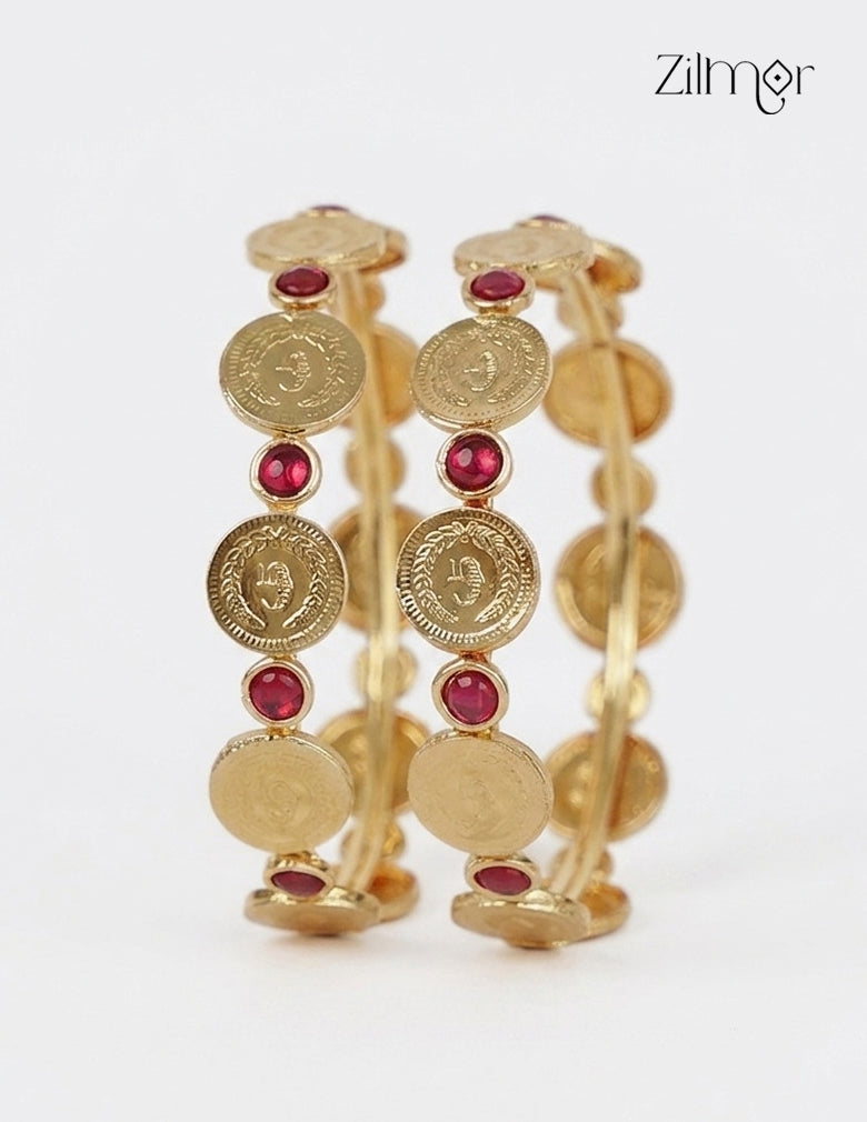 18k Gold Plated  Coin Ruby Stone Bangle Pair - ZS1012359