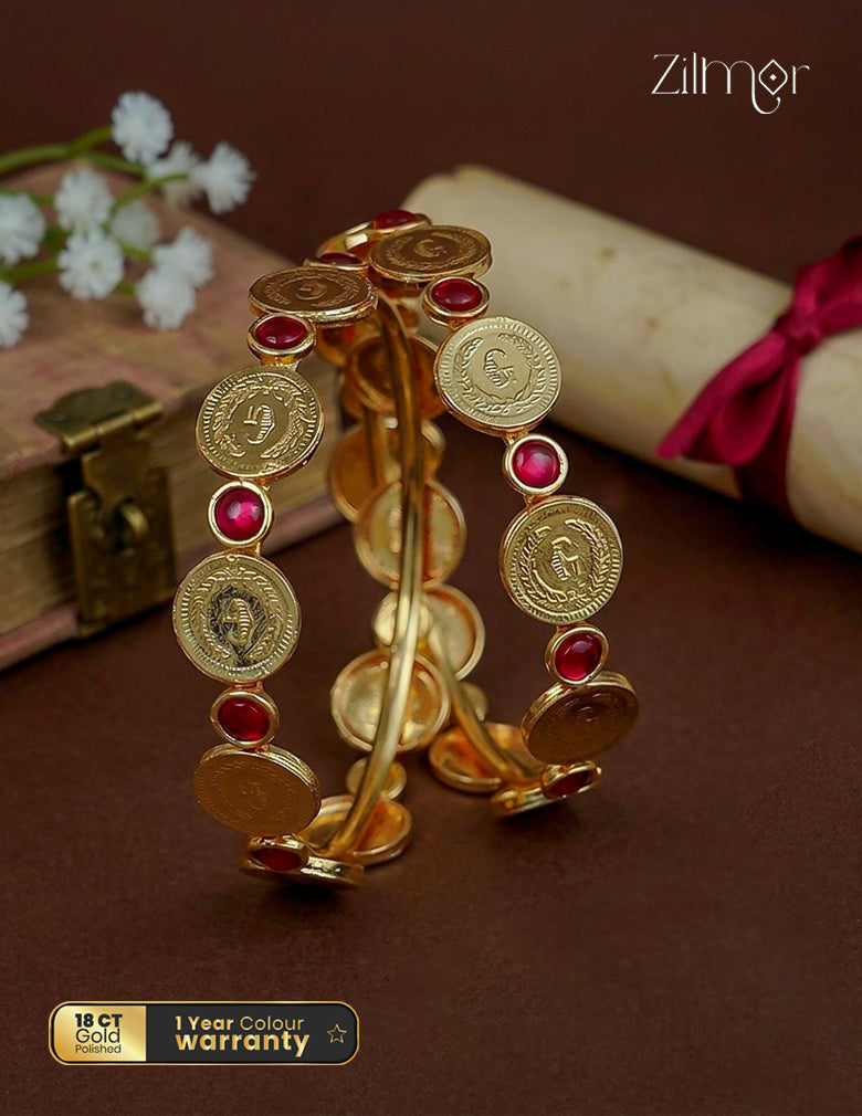 18k Gold Plated  Coin Ruby Stone Bangle Pair - ZS1012359