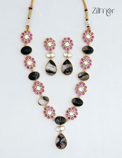 Natural Gem Stone Long Necklace & Earrings Set - KS1012441