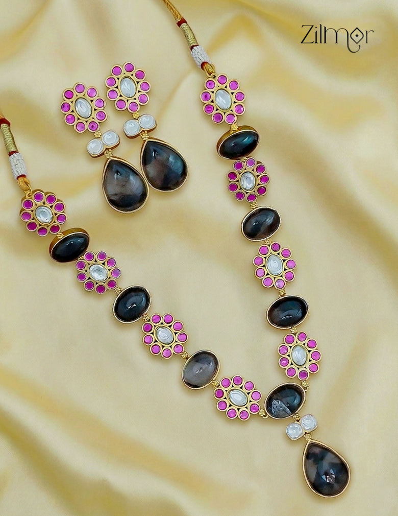 Natural Gem Stone Long Necklace & Earrings Set - KS1012441