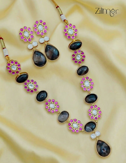 Natural Gem Stone Long Necklace & Earrings Set - KS1012441
