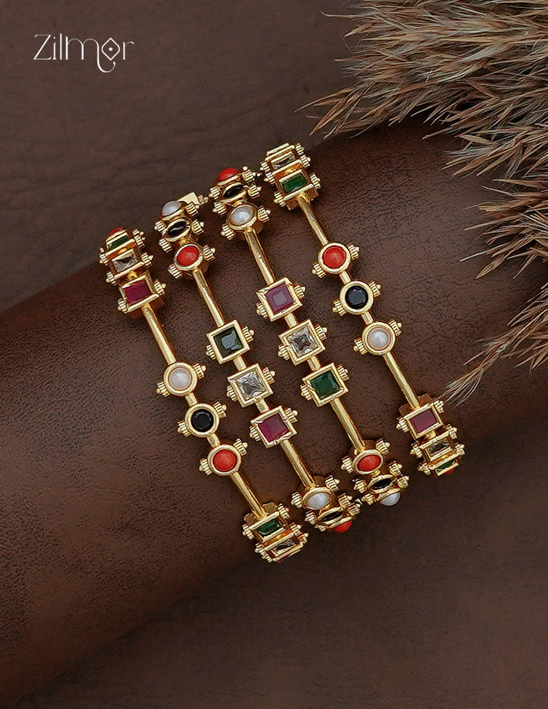 Gold Plated Multi Colour Stone Bangle 2 Pair - SC1012799