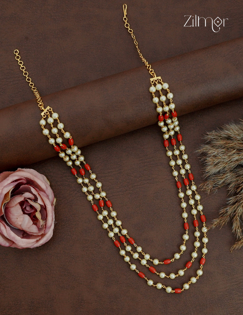 Gold Plated Triple Layer Coral & Pearl Bead Necklace - SG1012527