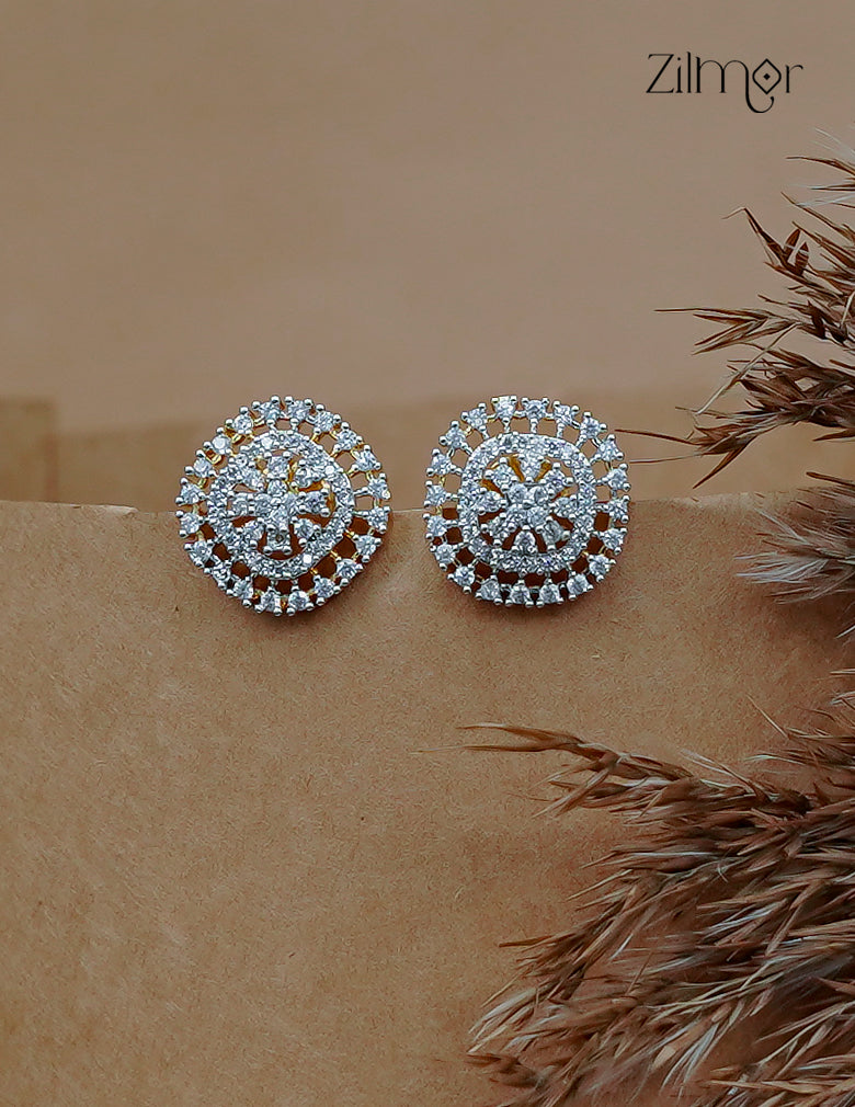 Zilmor gold tone AD stone round stud earrings with brilliant zirconia lattice design on beige background