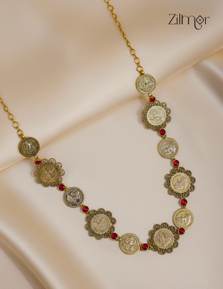 Gold necklace with coin-like pendants and red stones - zilmor