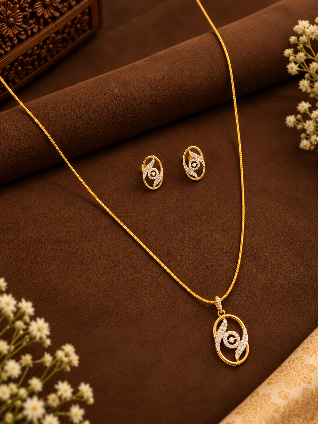 Gold Plated Diamond Replica Pendant & Earring Set  - AH1013212