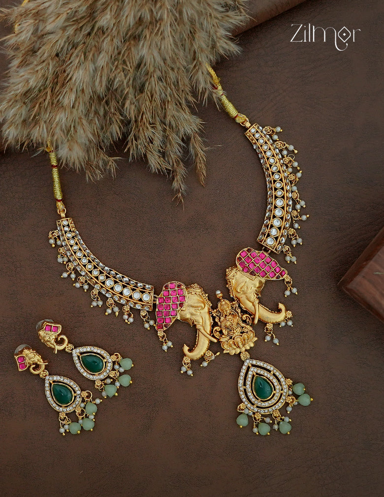 Haati & Lakshmi Pendant Antique Choker Necklace & Earrings Set- KA1012379