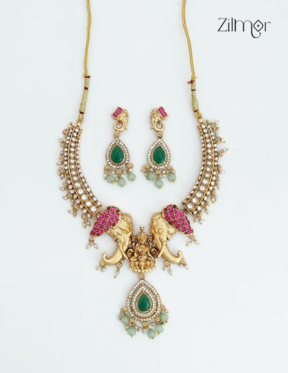 Haati & Lakshmi Pendant Antique Choker Necklace & Earrings Set- KA1012379
