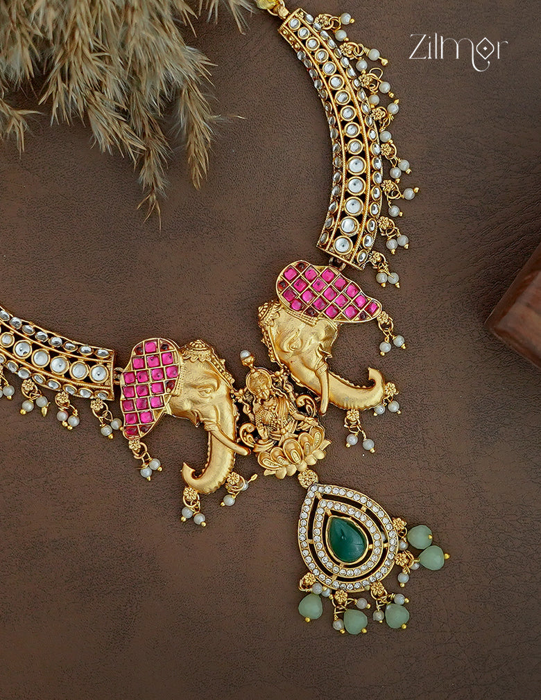 Haati & Lakshmi Pendant Antique Choker Necklace & Earrings Set- KA1012379
