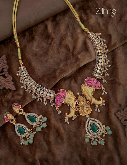 Haati & Lakshmi Pendant Antique Choker Necklace & Earrings Set- KA1012379