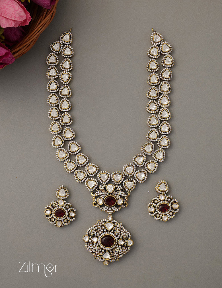 KH100971 - Polki Kundan Ad Stone Pendant Necklace Earrings Jewellery Set 4-Zilmor