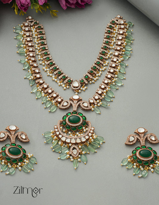 KH1011325 - Moissanite Stone and Green layered haar Polki Uncut Necklace Earrings Bridal Set
