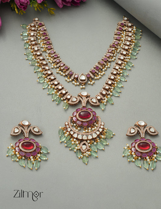 KH1011325 - Moissanite Stone and Green layered haar Polki Uncut Necklace Earrings Bridal Set