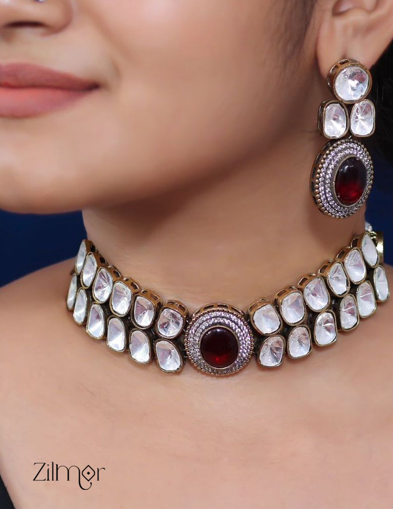 KH101507  - Moissanite Stone Kundan Necklace Earrings Set 1-Zilmor