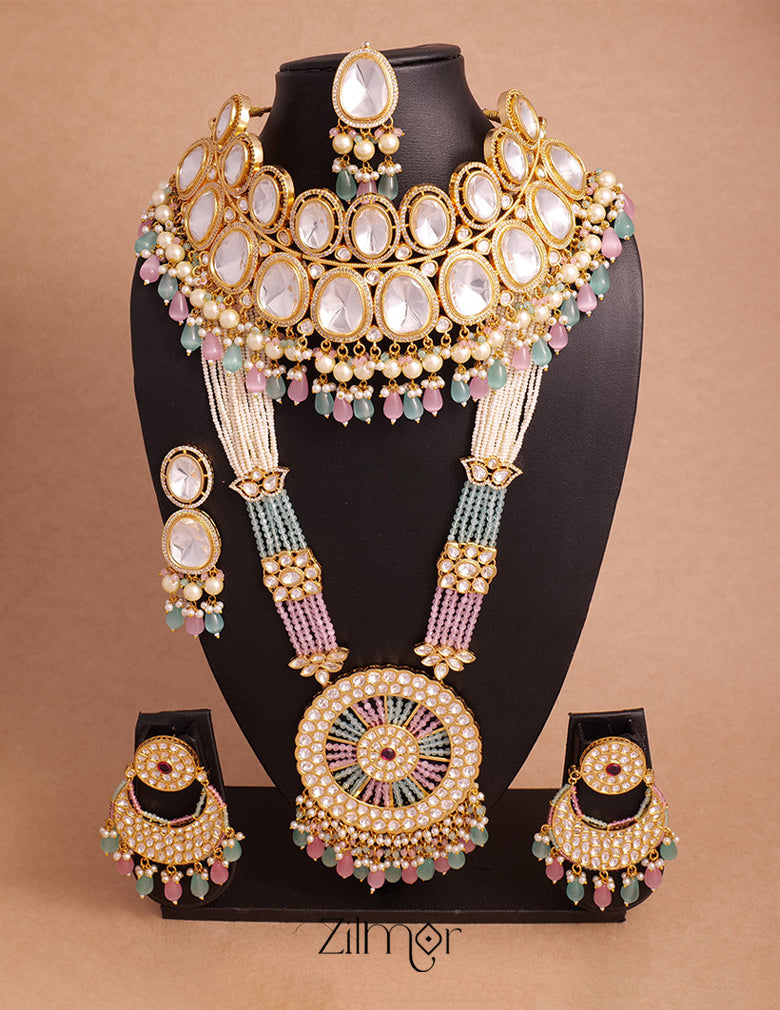 KH200106 - Bollywood Style Kundan Necklace Earrings Bridal Set 3-Zilmor