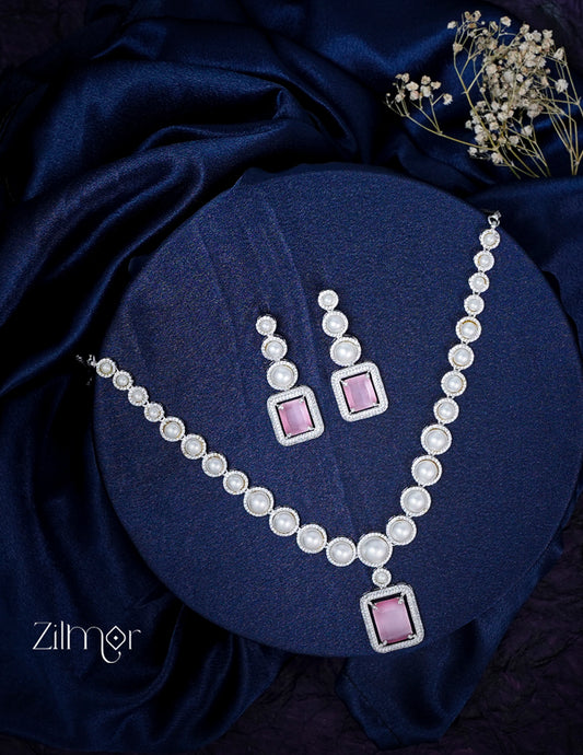 KM101360 - Pearl with AD Stone Pendant Necklace Earrings Set