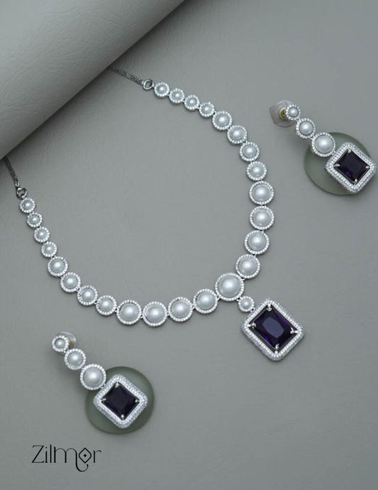 KM101360 - Pearl with AD Stone Pendant Necklace Earrings Set