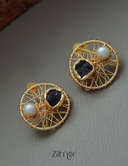KR1011260 - Freshwater Pearl with Raw natural Stone Stud Earrings