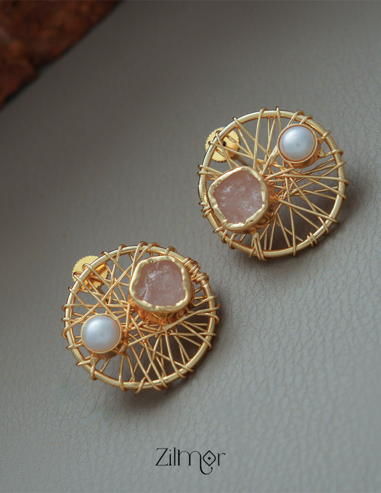 KR1011260 - Freshwater Pearl with Raw natural Stone Stud Earrings 3-Zilmor