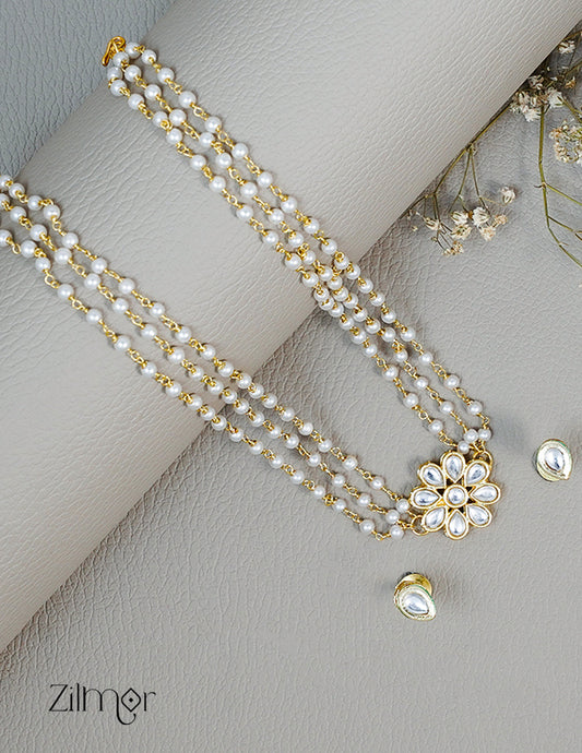 KS1011128 - Pearl Layer Kundan Pendant  Necklace Earrings Set