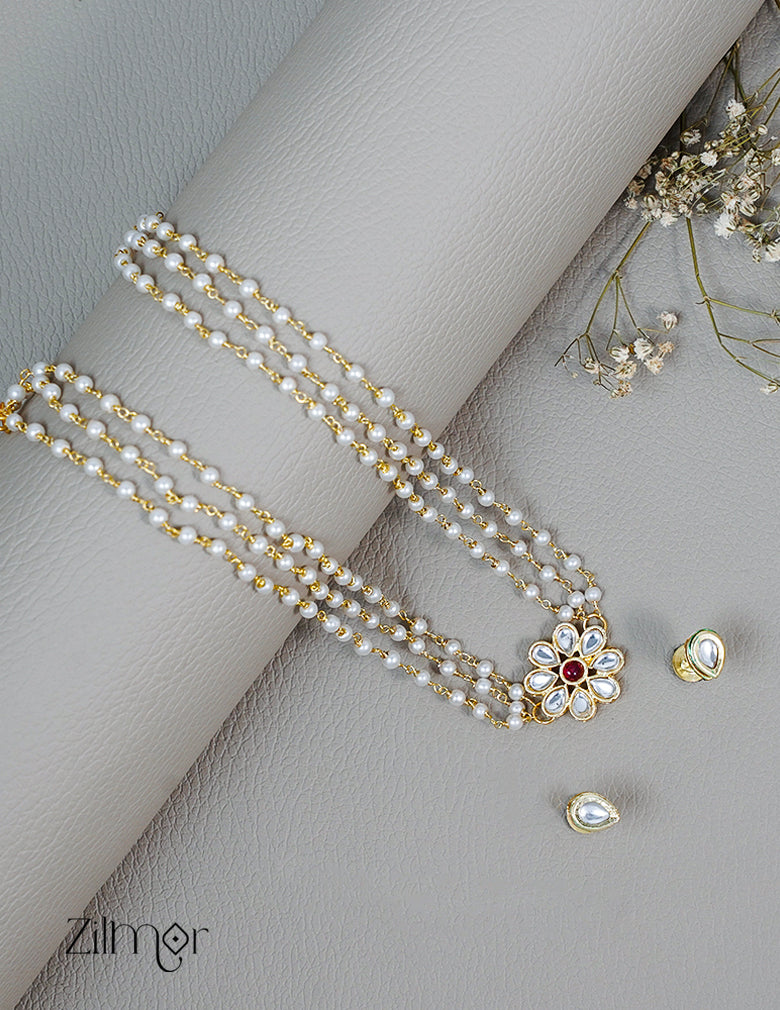 KS1011128 - Pearl Layer Kundan Pendant  Necklace Earrings Set 4-Zilmor