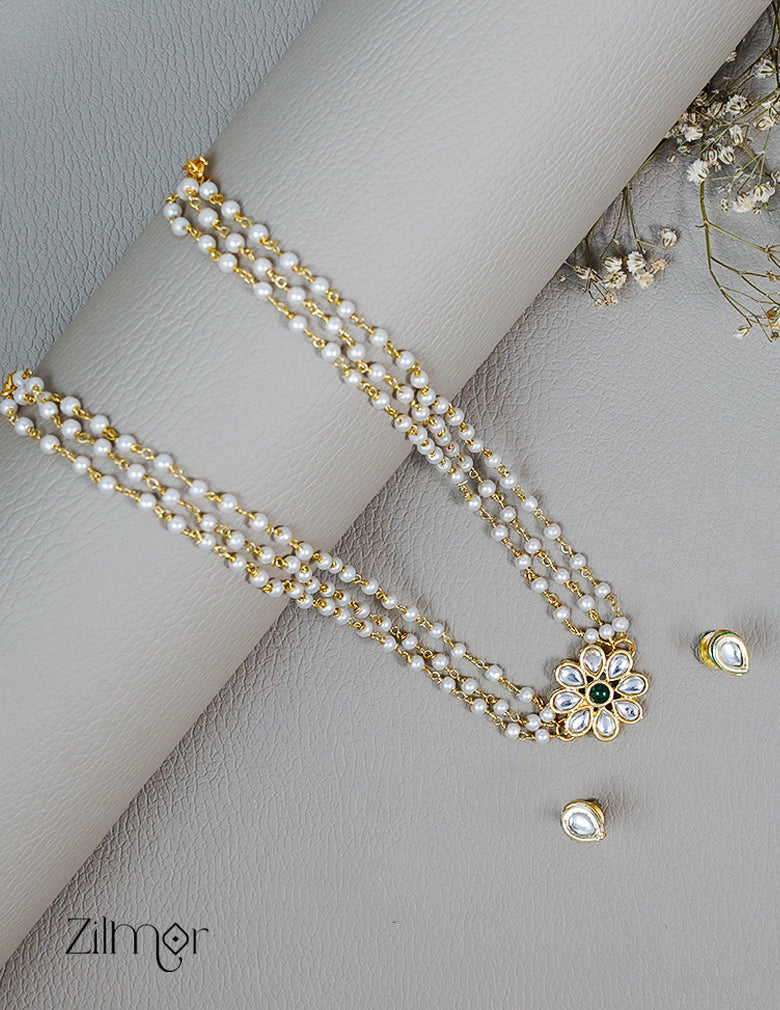KS1011128 - Pearl Layer Kundan Pendant  Necklace Earrings Set 5-Zilmor