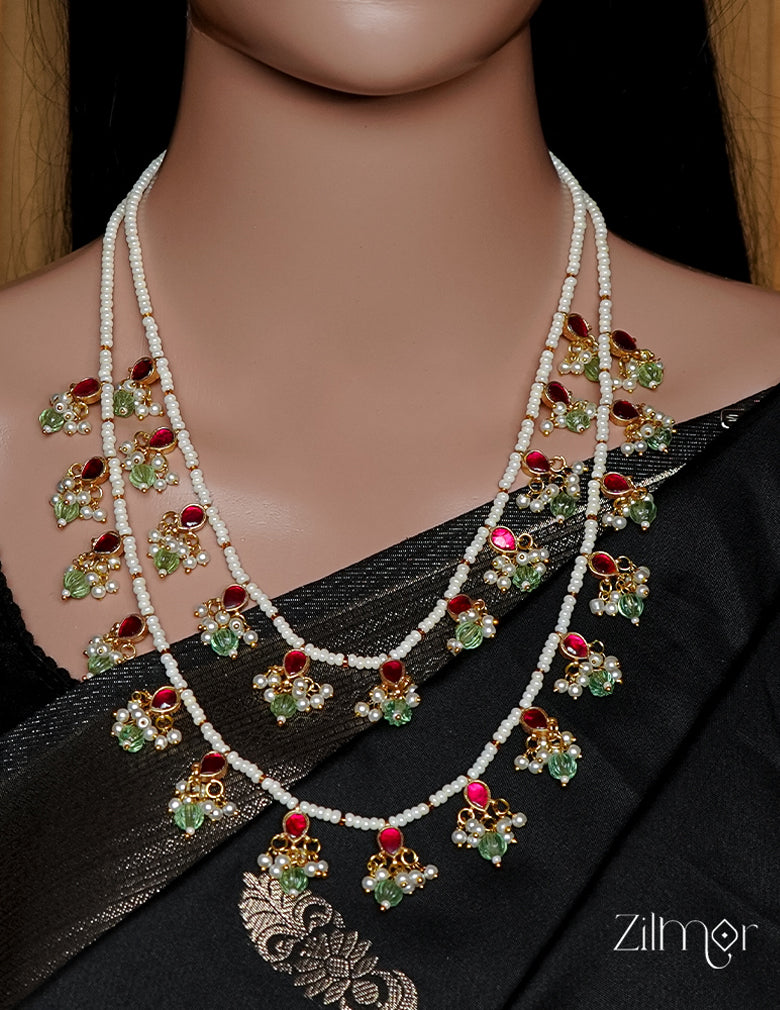 KS1011572-  Pearl  Double Layered Necklace Earrings Set