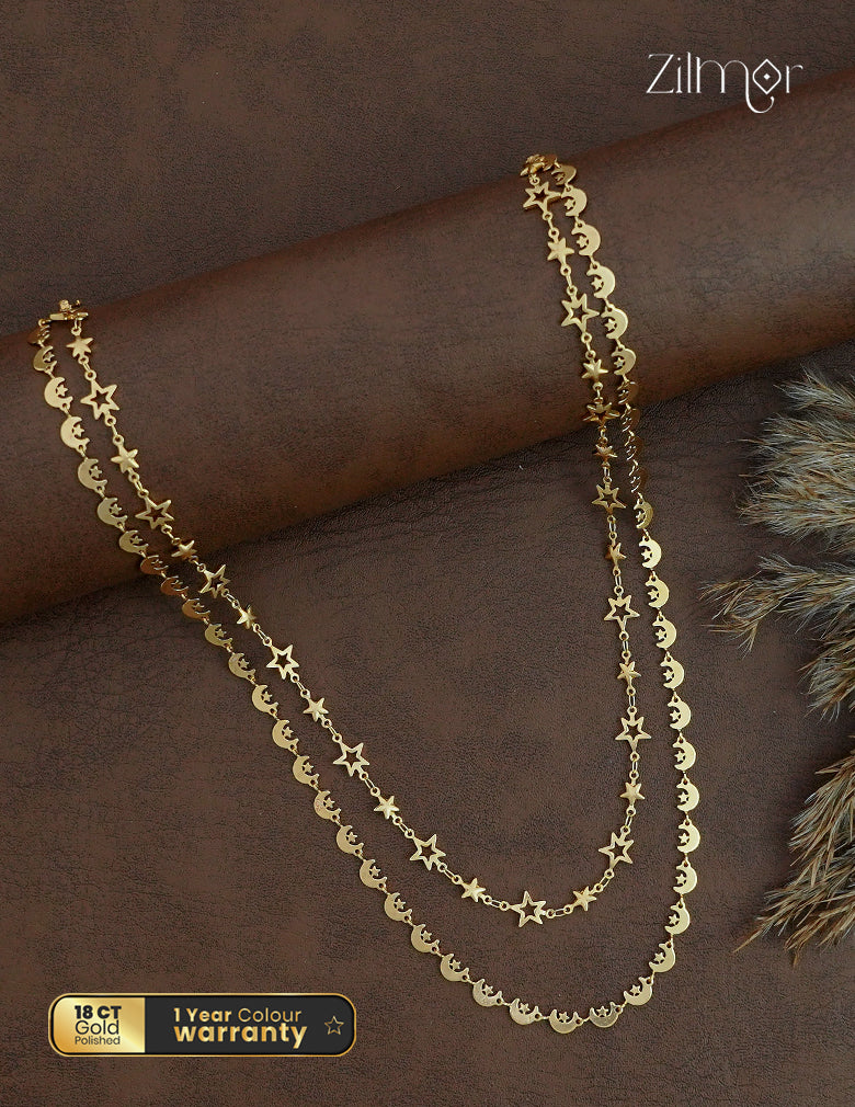 KT1011695- Gold Plated Double Layered Star Moon Necklace