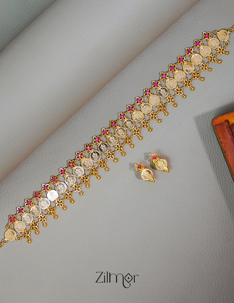 KY1011133-Goldtone Lakshmi coin bridal Choker Necklace