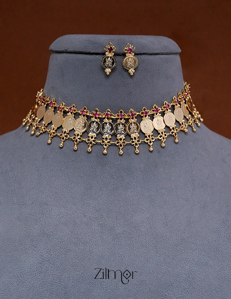 KY1011133-Goldtone Lakshmi coin bridal Choker Necklace
