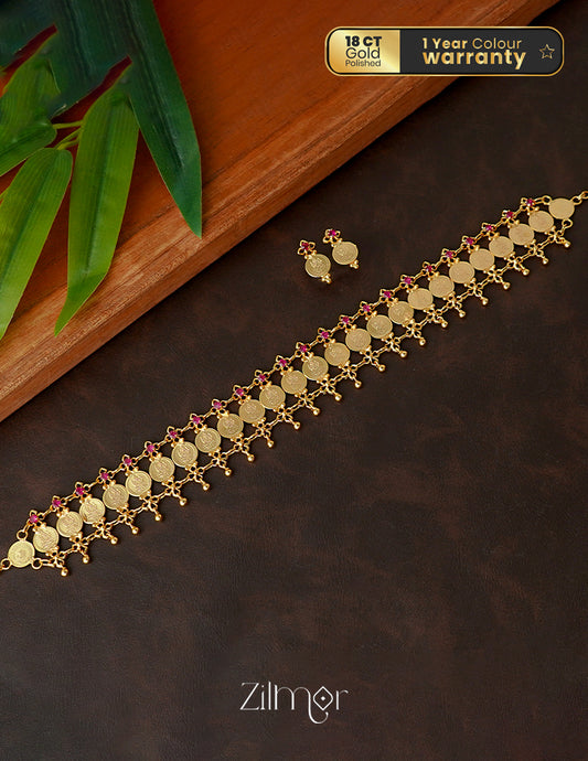 KY1011133-Goldtone Lakshmi coin bridal Choker Necklace