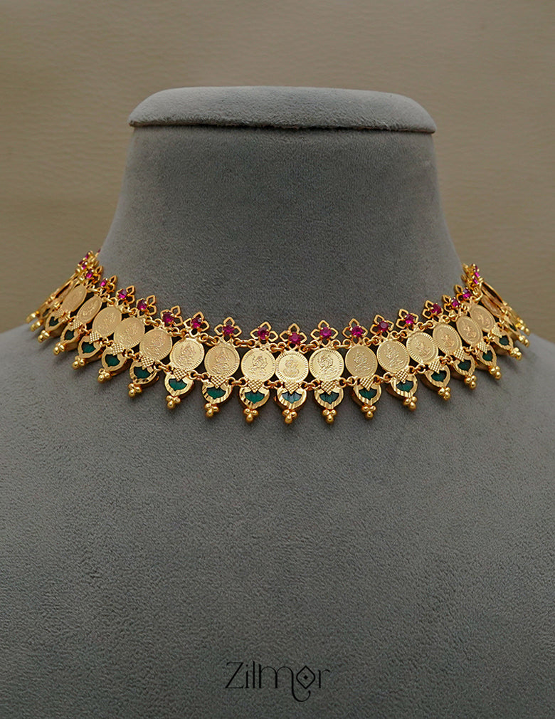 KY1011322 - Gold Plated Lakshmi coin with Palakka Bridal Choker Necklace 3-Zilmor