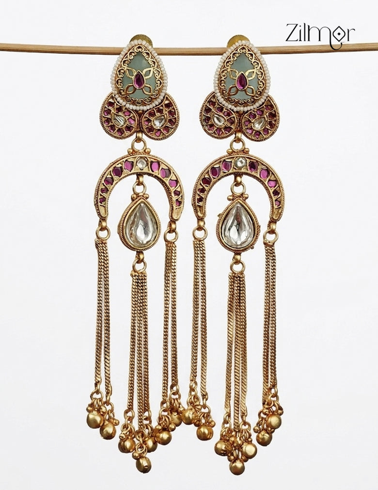 Kashmiri Chandelier Earrings – Kundan, Ruby & Gold Chain Tassel - FS1012348