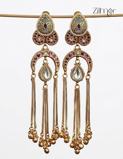 Kashmiri Chandelier Earrings – Kundan, Ruby & Gold Chain Tassel - FS1012348