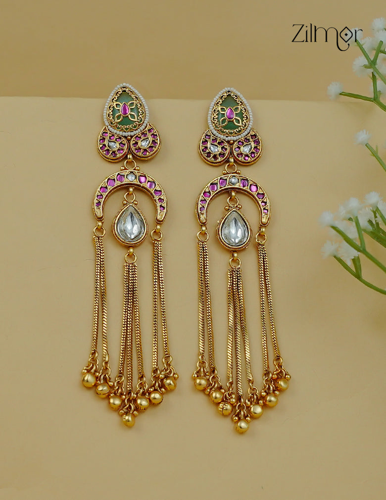 Kashmiri Chandelier Earrings – Kundan, Ruby & Gold Chain Tassel - FS1012348
