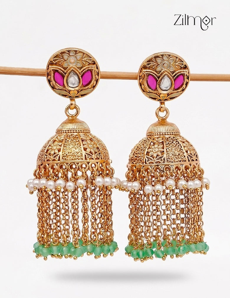 Kashmiri Jhumka Earrings – Antique Gold Chain Tassel & Bead Drop - FS1012353