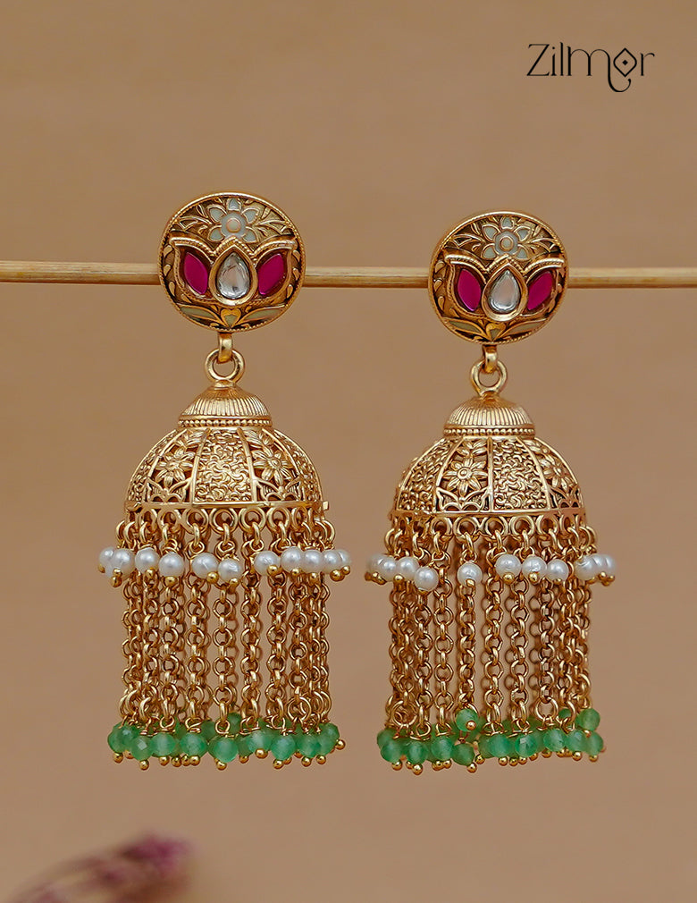 Kashmiri Jhumka Earrings – Antique Gold Chain Tassel & Bead Drop - FS1012353