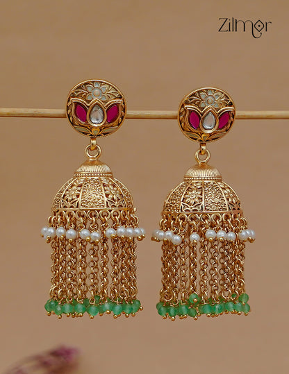 Kashmiri Jhumka Earrings – Antique Gold Chain Tassel & Bead Drop - FS1012353