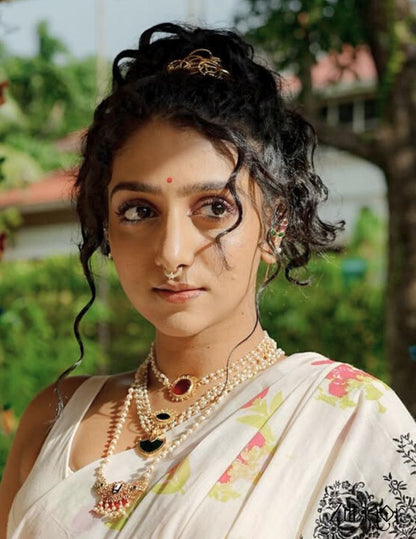 SN1011791 - AD Stone Shanku Chakra Perumal Pendant With  Long Pearl Necklace Earrings Set