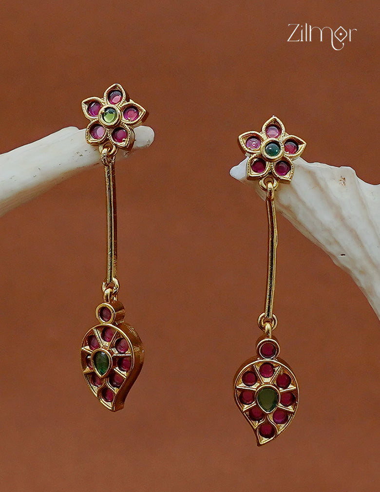 Pair of red and green Kemp stone floral drop earrings with teardrop motifs